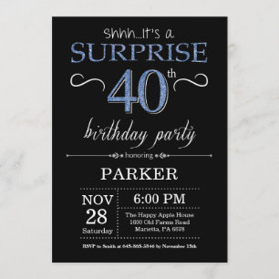 Surprise 40th Birthday Invitation Black and Blue Kaart