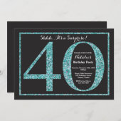 Surprise 40th Birthday Invitation Blauwgroen Glitt Kaart (Voorkant / Achterkant)