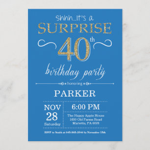 Surprise 40th Birthday Invitation Blue en Gold Kaart