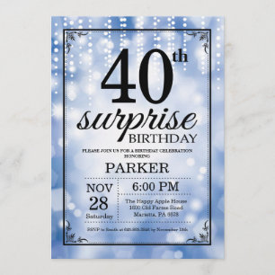 Surprise 40th Birthday Invitation Blue Glitter Kaart