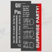 SURPRISE 40th Birthday Party Modern Grey Red V3 Kaart (Voorkant / Achterkant)