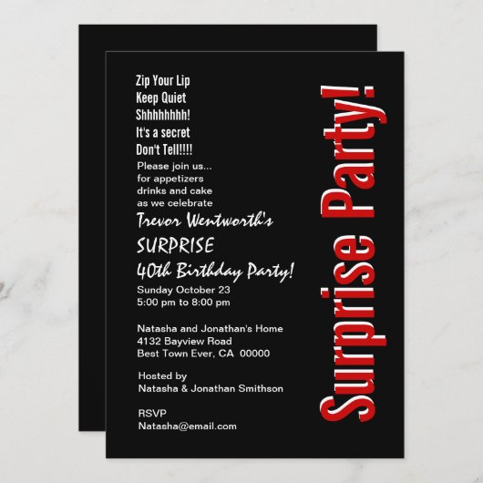 SURPRISE 40th Birthday Trendy Black White Red Kaart (Voorkant / Achterkant)