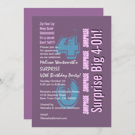 SURPRISE 40th Modern Birthday Paars Kaart (Voorkant / Achterkant)