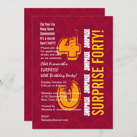 SURPRISE 40th Modern Birthday Red en Gold G302 Kaart (Voorkant / Achterkant)