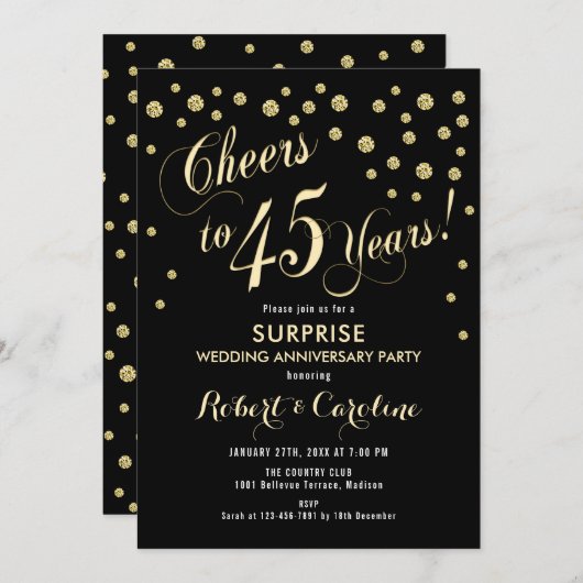 Surprise 45th Wedding Jubileum - Zwart & Goud Kaart (Voorkant / Achterkant)