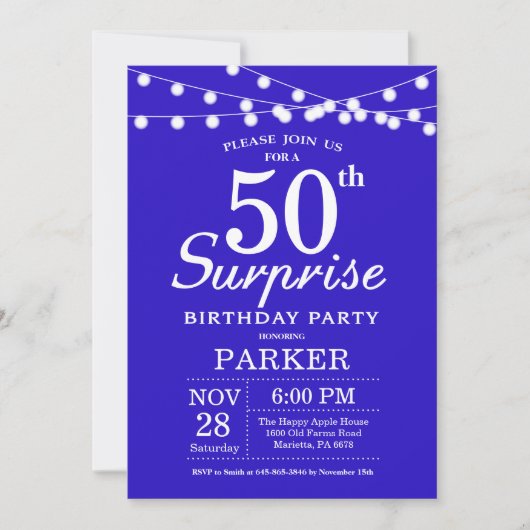 Surprise 50e anniversaire Invitation bleu royal (Devant)
