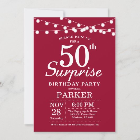 Surprise 50e anniversaire Invitation Bourgogne Rou (Devant)