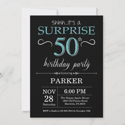 Surprise 50e anniversaire Invitation Noir et Turqu (Devant)