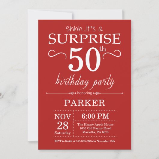 Surprise 50e anniversaire Invitation Rouge (Devant)