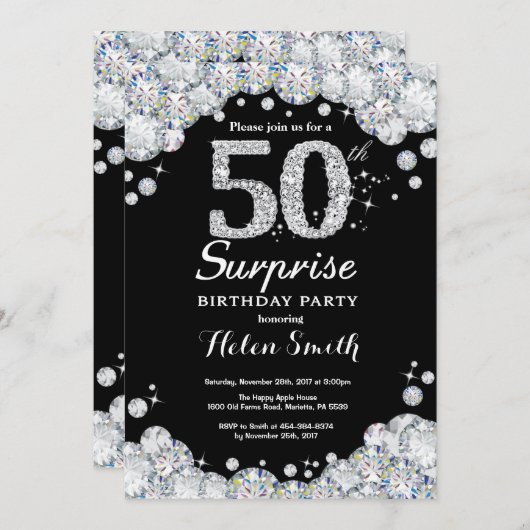 Surprise 50e anniversaire Invitation Silver Diamon (Devant / Derrière)