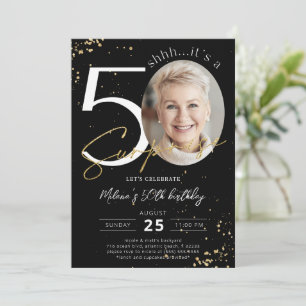 Surprise 50th Birthday Black Gold Photo Invitation Kaart