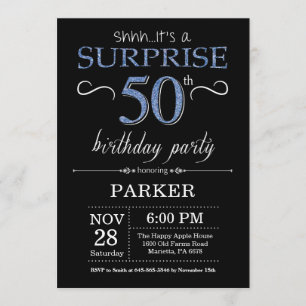 Surprise 50th Birthday Invitation Black and Blue Kaart