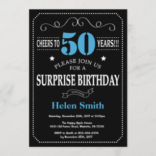 Surprise 50th Birthday Invitation Blue en Black Kaart
