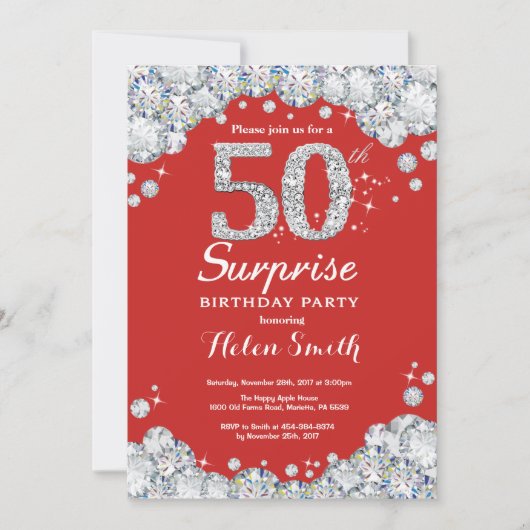 Surprise 50th Birthday Invitation Silver Diamond Kaart (Voorkant)