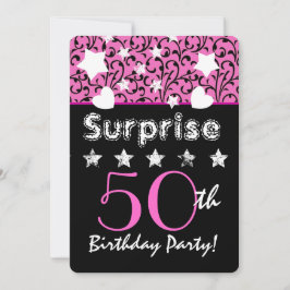 SURPRISE 50th Birthday Pink Swirls Hearts Stars Kaart