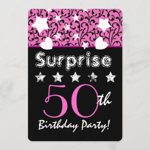 SURPRISE 50th Birthday Pink Swirls Hearts Stars Kaart