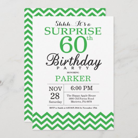 Surprise 60e anniversaire Invitation Green Chevron (Devant / Derrière)