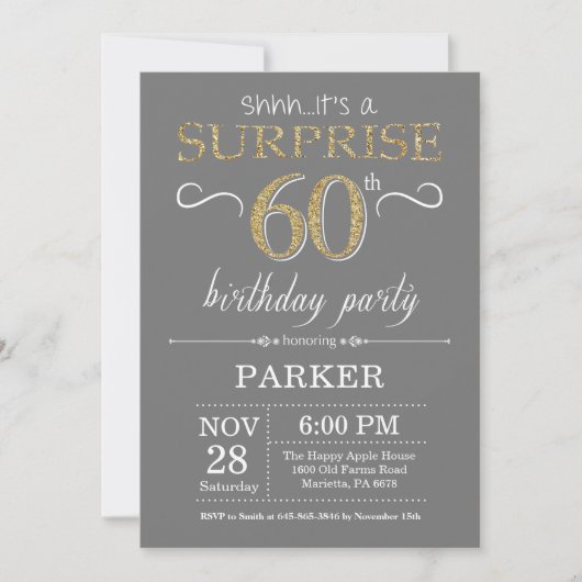 Surprise 60e anniversaire Invitation Grey and Gold (Devant)