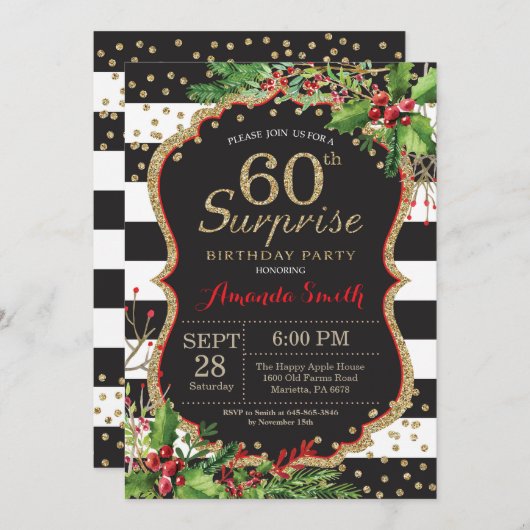 Surprise 60e anniversaire Invitation Noël Or (Devant / Derrière)