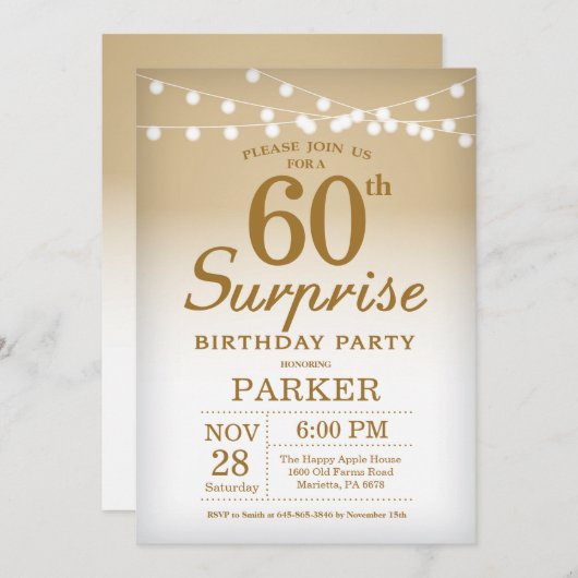 Surprise 60e anniversaire Invitation Or (Devant / Derrière)