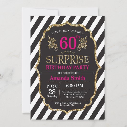 Surprise 60e anniversaire Invitation Pink Black Go (Devant)