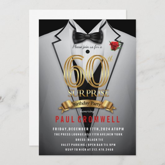 Surprise 60e anniversaire Tuxedo Invitation (Devant / Derrière)