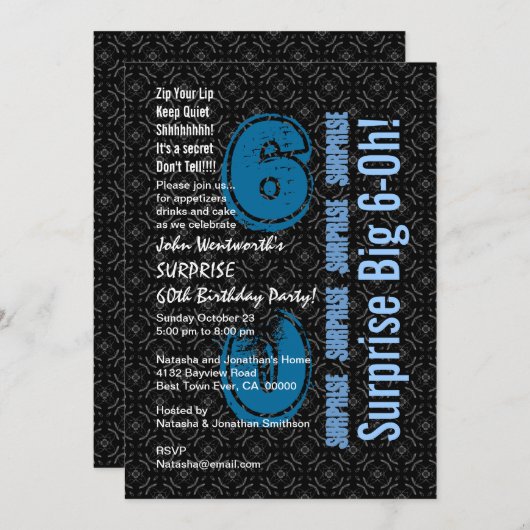 SURPRISE 60th Birthday Black and White Blue W1754 Kaart (Voorkant / Achterkant)