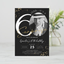 Surprise 60th Birthday Black Gold Photo Invitation Kaart