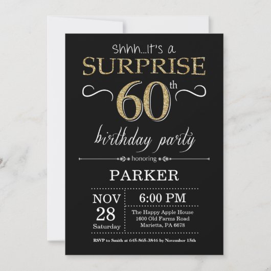 Surprise 60th Birthday Invitation Black and Gold Kaart (Voorkant)