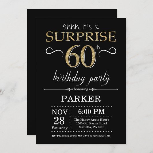 Surprise 60th Birthday Invitation Black and Gold Kaart (Voorkant / Achterkant)