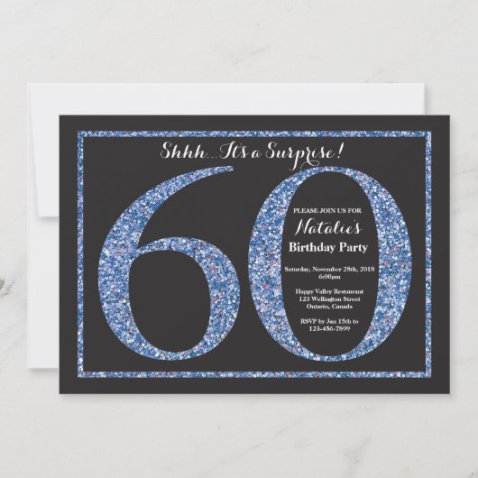 Surprise 60th Birthday Invitation Blue Glitter Kaart (Voorkant)