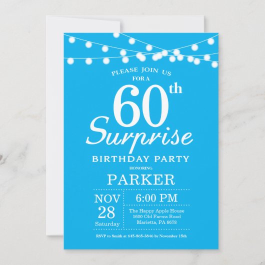 Surprise 60th Birthday Invitation Blue Kaart (Voorkant)