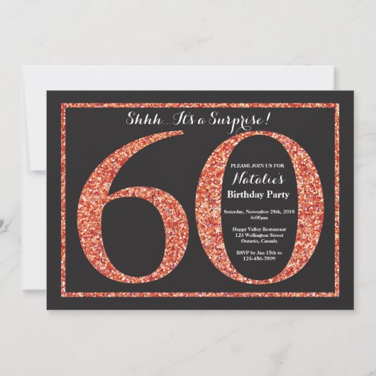 Surprise 60th Birthday Invitation Oranje Glitter Kaart (Voorkant)