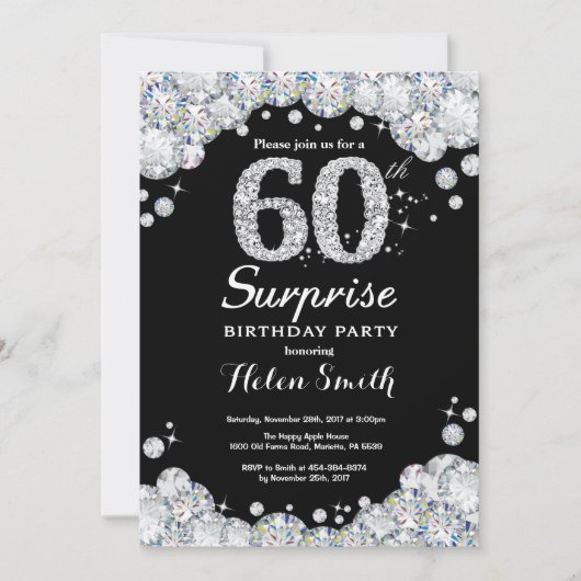 Surprise 60th Birthday Invitation Silver Diamond Kaart (Voorkant)