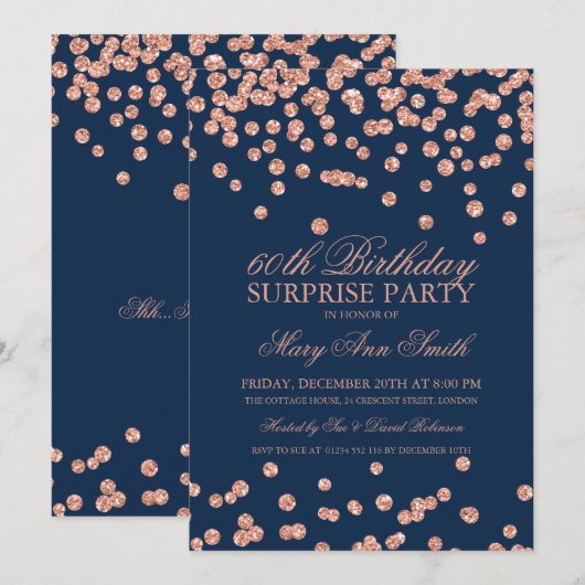 Surprise 60th Birthday Roos Gold Glitter Navy Blue Kaart (Voorkant / Achterkant)