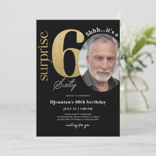 Surprise 60th Black Gold Birthday Invitation Foto Kaart