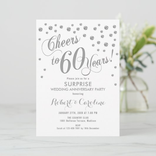 Surprise 60th Wedding Jubileum - Wit & Zilver Kaart (Staand voorkant)