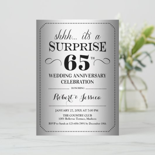 Surprise 65th Wedding Jubileum - Zilver Zwart Kaart (Staand voorkant)