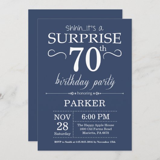Surprise 70e anniversaire Invitation Bleu (Devant / Derrière)