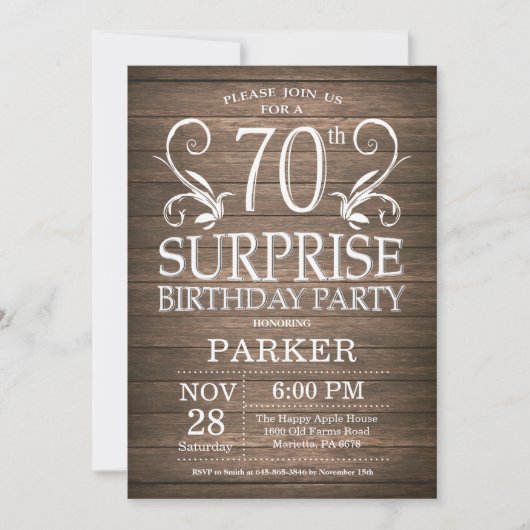 Surprise 70e anniversaire Invitation Bois rustique (Devant)