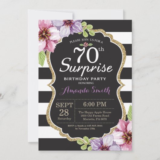 Surprise 70e anniversaire Invitation Floral Gold (Devant)