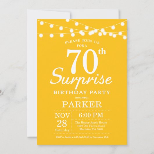 Surprise 70e anniversaire Invitation Jaune (Devant)