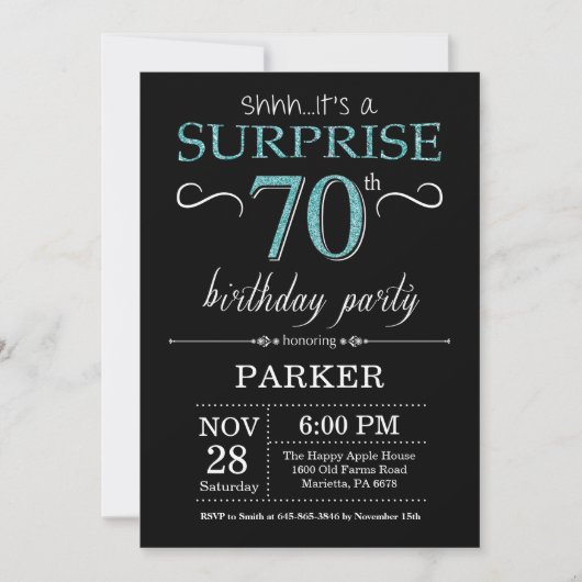 Surprise 70e anniversaire Invitation Noir et Turqu (Devant)