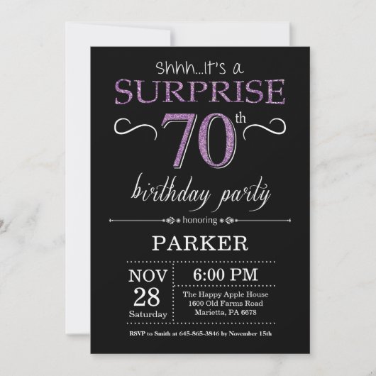 Surprise 70e anniversaire Invitation noir et viole (Devant)