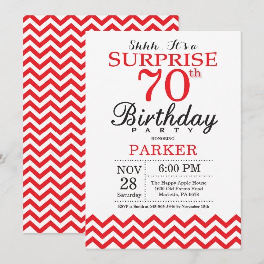 Surprise 70e anniversaire Invitation Red Chevron (Devant / Derrière)