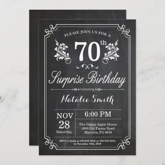 Surprise 70e anniversaire Invitation Tableau de bo (Devant / Derrière)