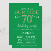 Surprise 70e anniversaire Invitation Vert et Or (Devant / Derrière)