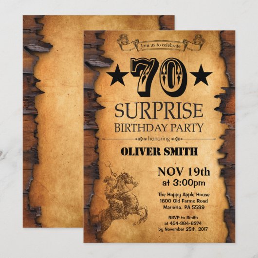 Surprise 70e Invitation Occidentale Anniversaire (Devant / Derrière)