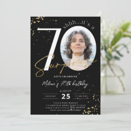 Surprise 70th Birthday Black Gold Photo Invitation Kaart