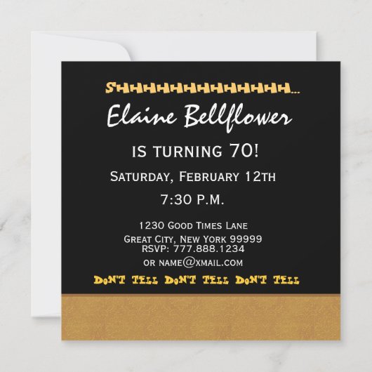 SURPRISE 70th Birthday Gold en Black V005 Kaart (Achterkant)